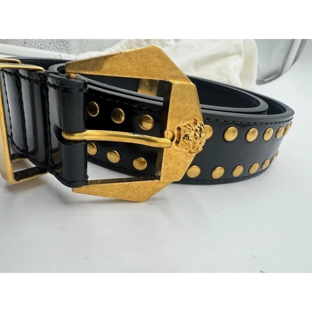 Versace Black Leather Studded Belt Gold Medusa Head Geometric Buckle Waist Belt